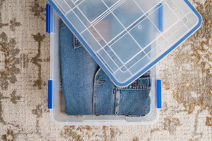 IRIS USA 26.5 Quart WEATHERPRO Plastic Storage Box with Durable Lid and Seal and Secure Latching Buckles, 3 Pack, Weathertight, Keep Pest Dust and Moisture Out, for Oversized Bulky Items, Clear/Blue - Image 5