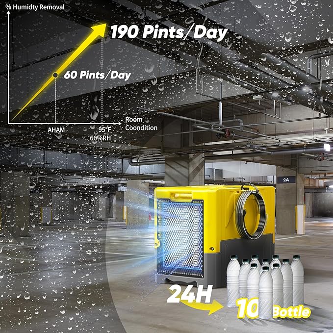 190PPD Commercial Dehumidifier with Pump for Basement-6000Sq.Ft. Warehouse, Large Space Crawl Space Dehumidifier for Efficient Water Damage Restoration-Auto Defrost, Memory Starting, Yelow - Image 4