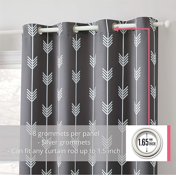HLC.ME Arrow Printed Blackout Room Darkening Thermal Grommet Window Curtain Drape Panels for Bedroom - Set of 2 - Grey - 84" inch Long - Image 2
