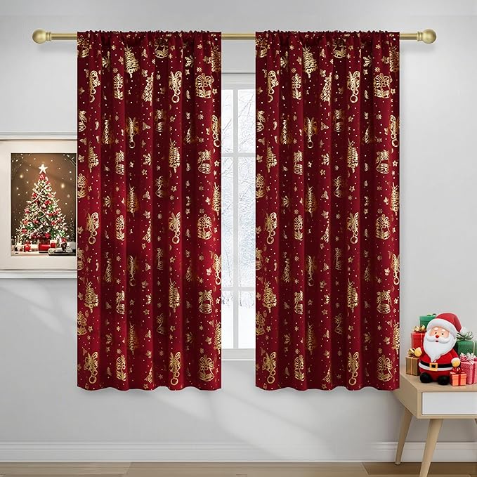 NICETOWN 2 Christmas Red Rod Pocket Tier Curtains 42 x 45 Inch - Foil Printed Small Window Treatment Curtain Tiers for Bathroom, Living Room, Bedroom, Dining, Boy, Girl by NICETOWN