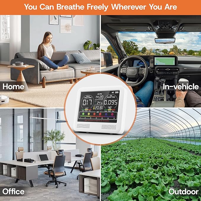 16-in-1 Indoor Air Quality Monitor with PM1.0,PM2.5,PM10,CO2,HCHO,TVOC,Temperature,Humidity,Time Display &7 AQI Alarms – Professional Air Quality Tester for Home, Office & Indoor Use (Milky White) - Image 6