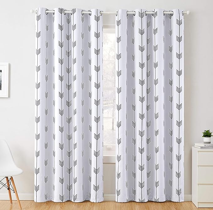 HLC.ME Arrow Printed Privacy Blackout Energy Efficient Room Darkening Thermal Grommet Window Curtain Drape Panels for Kids Bedroom - Set of 2 - Platinum White/Grey - 63" inch Long by HomeLinenCollections