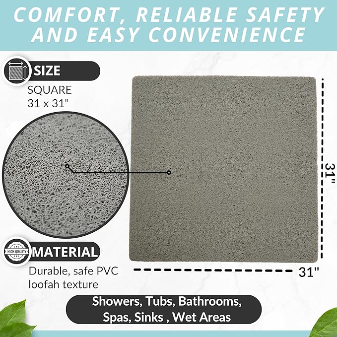 ENKOSI Loofah Square Shower Mat - Non Slip Shower Mats for Inside Shower - Extra Large 31x31 Shower Floor Mat Non Slip - Square Bath Mat for Shower - Secure Anti Slip Shower Bathroom Mat (31x31 Gray) - Image 3