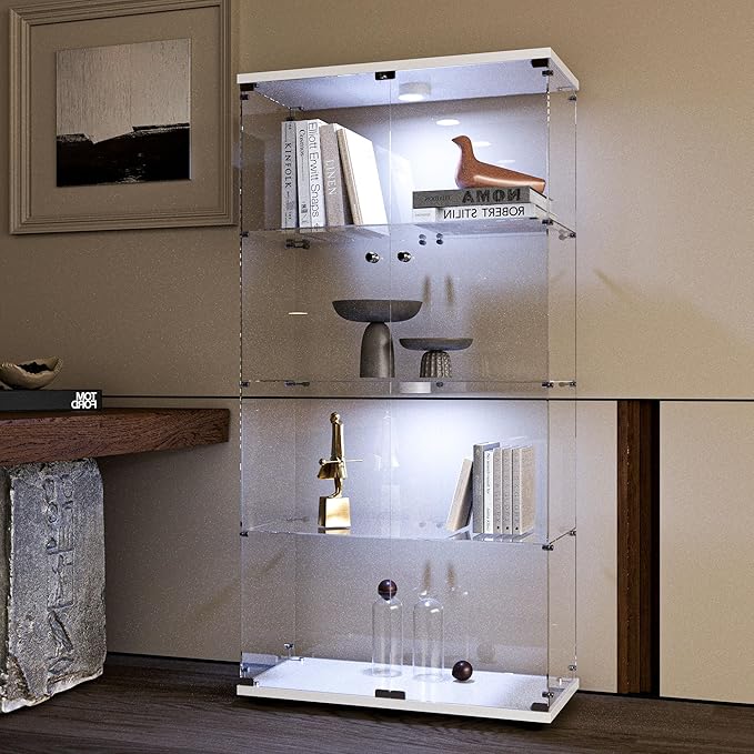 Yoluckea 4-Tier Glass Display Cabinet with Paipai Light, 2-Door Floor Standing Curio Cabinet with Adjustable Floor Feet for Home Office Corner Display, White Glass Bookshelf for Collections and Decor - Image 6