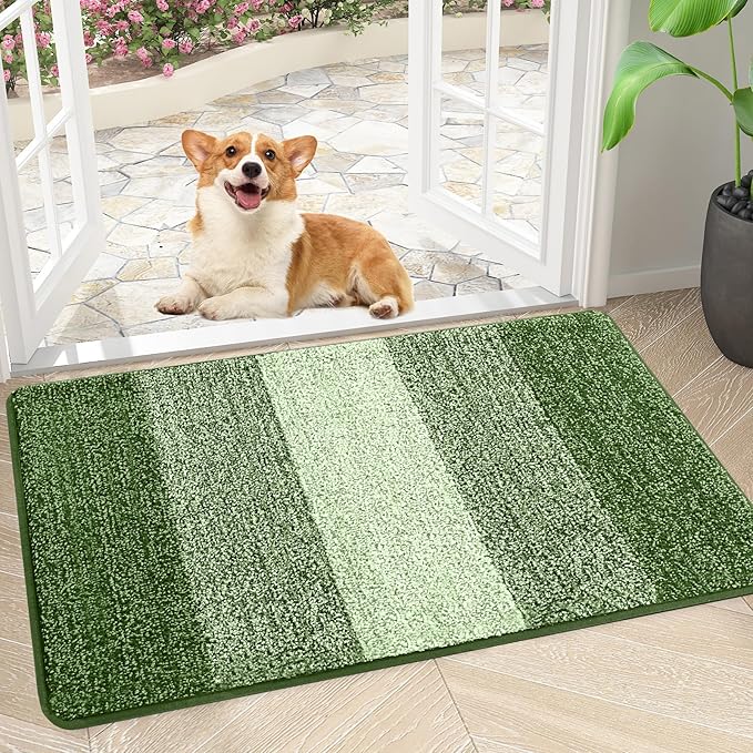Smiry Dog Door Mat for Muddy Paws, Absorbs Moisture and Dirt, Low-Profile Entryway Mat with Non-Slip Backing, Entry Indoor Outdoor Doormat for Inside Floor (30x17 Inches, Green, Striped) by Smiry