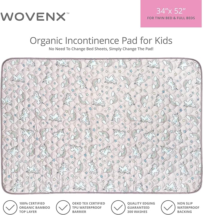Organic Incontinence Pads for Kids & Toddlers - 5 Layer Waterproof Protectors for Overnight Bed Wetting - Reusable & Washable Pee Pads - Fits Twin to Full Size Beds - 34" x 52" Unicorn - Image 6