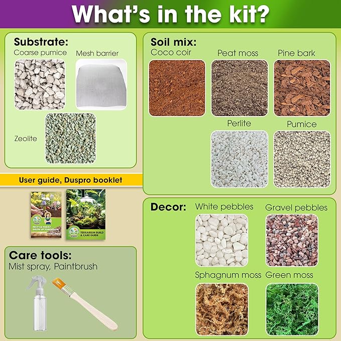 DUSPRO Recycle Terrarium Kit, Include Potting Soil, Pumice, Zeolite, Green Moss, Sphagnum Moss, Decorative Stone, Mesh, Tools, DIY Terrarium Kit for Kids, Air Plant, Succulent - Image 2