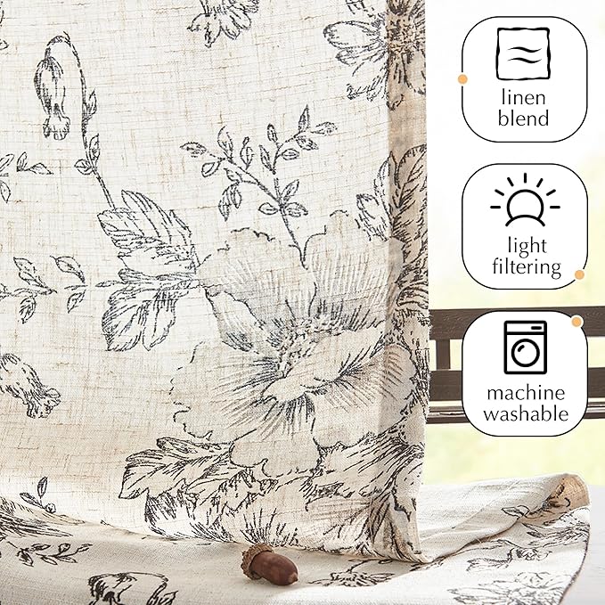 jinchan Pinch Pleated Curtains Floral Linen Blend Curtains for Living Room 96 Inches Length Black Peony Flower Printed Curtain Rod Pocket Back Tab Farmhouse Pinch Pleat Drapes with Hooks Set 2 Panels - Image 7