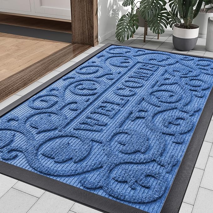 Smiry Welcome Door Mat Outside Entrance, Heavy Duty Trap Dirt and Moisture Easy Clean Low Profile Patio Porch Indoor Outdoor Front Doormat for Entry, 35x23 Inch, Blue by Smiry