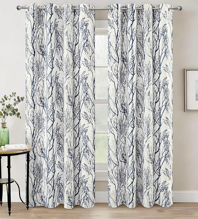 DriftAway Linen Printed Blackout Curtains Tree Branch Pattern Double Layer 90 Inches Long for Bedroom Classic Thermal Insulated Summer Sound Lined Grommet Drapes for Living Room 2 Panels Blue/Linen by DriftAway