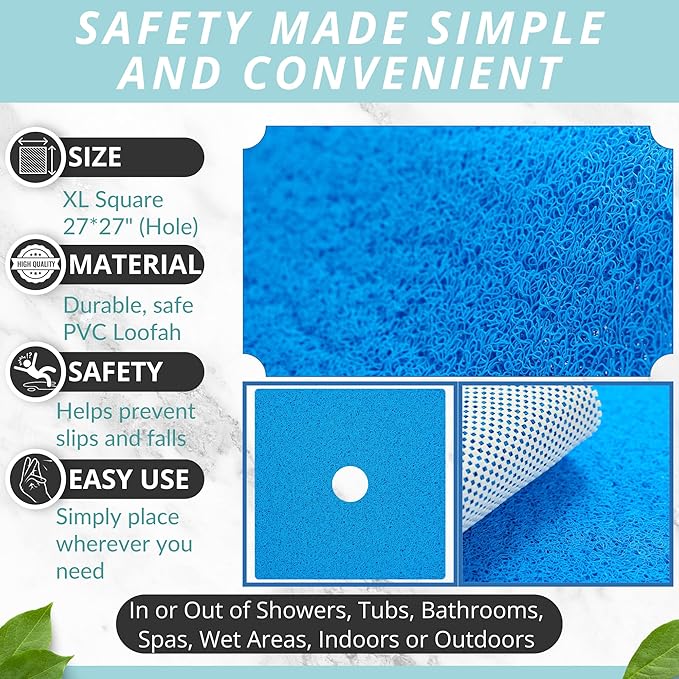 Enkosi Loofah Shower Mat with Drain Hole – Cushioned Anti-Slip Square Bath Mat for Showers, and Bathroom Floors – Textured PVC, Non Slip Safety Pad for Walk-in Stalls and Wet Areas (27x27 Blue) - Image 3