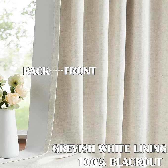Kayne Studio Natural Pinch Pleated Full Blackout Curtains, Linen Blend Room Darkening Thermal Insulated Soundproof Drapes, 108 Inch Back Tab Window Curtains for Living Room Bedroom (2 Panels,40"x108") - Image 2