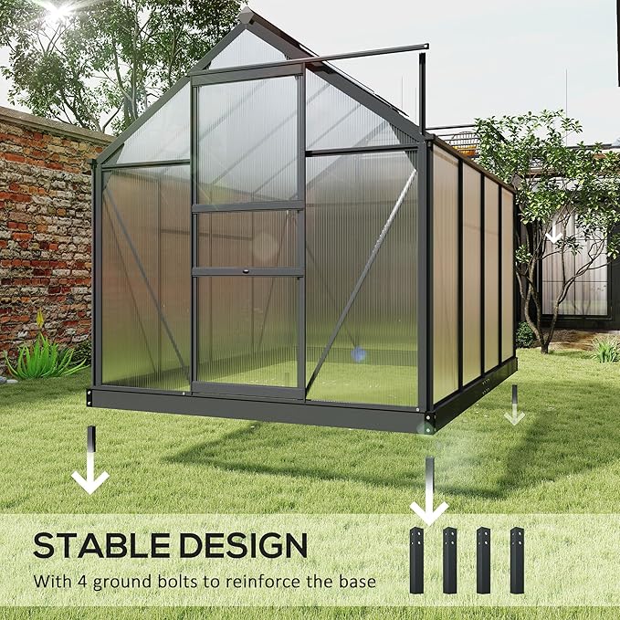 Outsunny 6' x 8' Greenhouse for Outdoors, Polycarbonate Greenhouse with Rain Gutter and Roof Vent, Aluminum Walk-in Green Houses for Outside for Patio Backyard Garden, Gray - Image 5