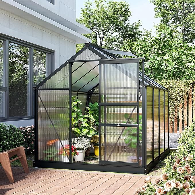 Outsunny 6' x 8' Greenhouse for Outdoors, Polycarbonate Greenhouse with Rain Gutter and Roof Vent, Aluminum Walk-in Green Houses for Outside for Patio Backyard Garden, Gray - Image 8