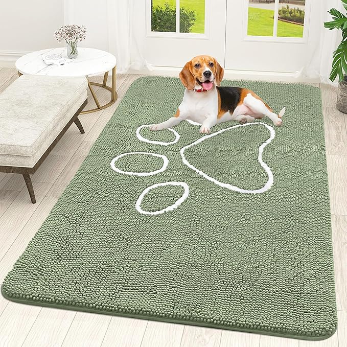 OLANLY Dog Door Mat for Muddy Paws 59x35, Paw Print Design, Absorbs Moisture and Dirt, Non-Slip Washable Doormat, Quick Dry Chenille Mud Mat for Dogs, Entry Indoor Entryway Carpet, Sage Green by OLANLY