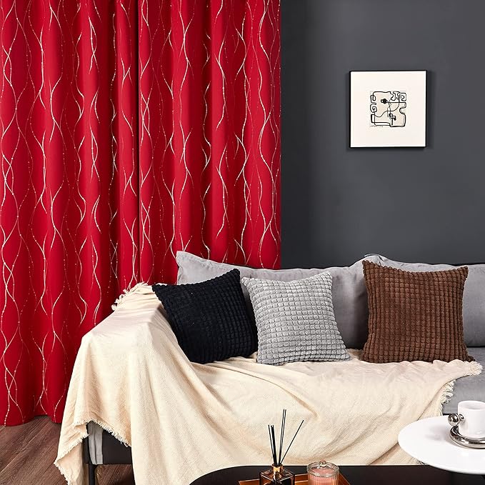 Deconovo Short Blackout Curtains, Christmas Red Curtain, Thermal Insulated Soundproof Drapes, Wave Line Dots Foil Print, 38 x 54 Inch, 2 Panels, Machine‑Washable Window Drape for Kitchen Small Window - Image 3