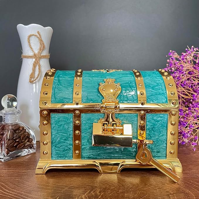 Large Double-layer Retro Metal Jewelry Chest, Pirate-style Lion Head Relief Treasure Box With Lock Women's Jewelry Storage (Oil Painting Green Golden) - Image 2