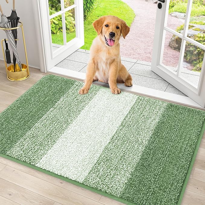 Smiry Dog Door Mat for Muddy Paws, Absorbs Moisture and Dirt, Low-Profile Entryway Mat with Non-Slip Backing, Entry Indoor Outdoor Doormat for Inside Floor (30x20 Inches, Sage Green, Striped) by Smiry