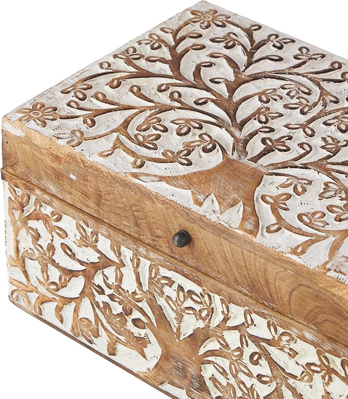 Deco 79 Mango Wood Floral Decorative Box Decorative Keepsake Boxes with Hinged Lid, Set of 3 Storage Boxes 8", 10", 12"W, Brown - Image 4