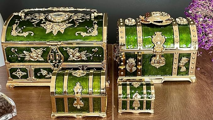 Retro Jewelry Box Arched Vintage Rectangular Metal Chest Necklace Ring Earrings Storage Case for Women Girls (Golden Transparent Green, L Lock) - Image 5