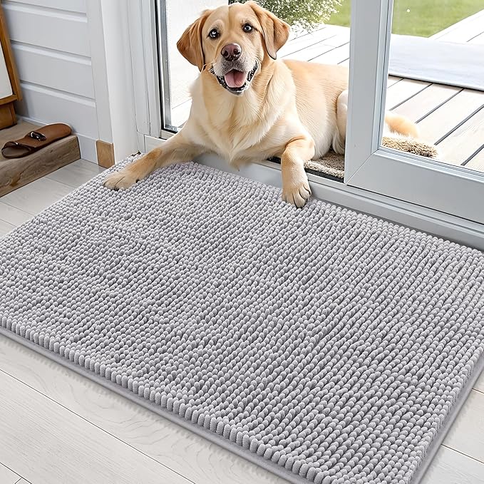 OLANLY Dog Door Mat for Muddy Paws 35x24, Absorbs Moisture and Dirt, Absorbent Non-Slip Washable Doormat, Quick Dry Chenille Mud Mat for Dogs, Entry Indoor Entryway Carpet for Inside Floor, Light Grey by OLANLY