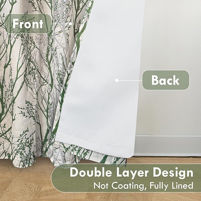 DriftAway Linen Printed Blackout Curtains Tree Branch Pattern Double Layer 96 Inches Long for Bedroom Thermal Insulated Summer Sound Lined Grommet Drapes for Living Room 2 Panels Loden Green/Linen - Image 2