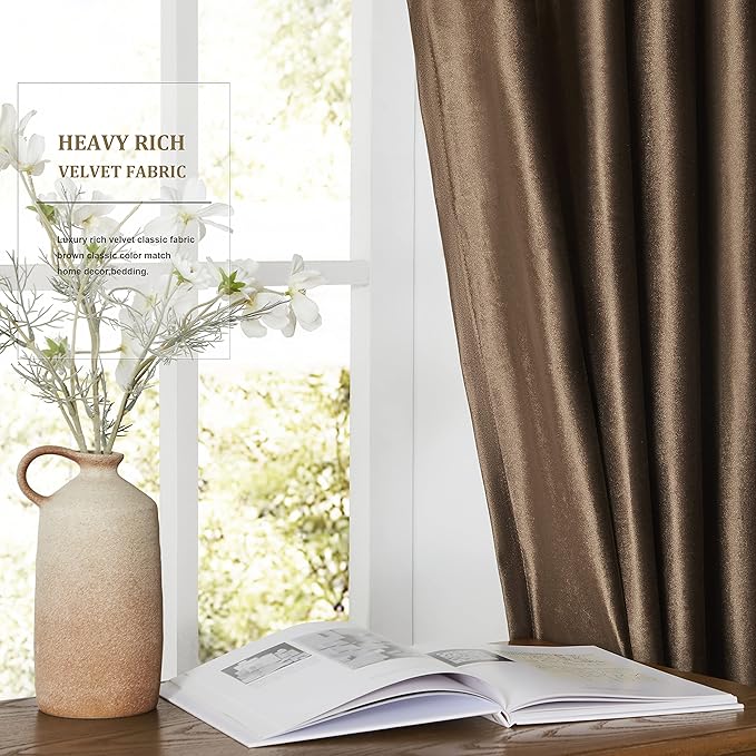 BULBUL Brown Velvet Curtains 96 inches: Luxury Elegant Living Room Curtain - Blackout Modern Thermal Insulated Soundproof Privacy Room Darkening Floor to Ceiling Soft Drapes for Bedroom Set of 2 - Image 4