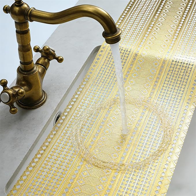 Shelf and Drawer Liner for Kitchen Cabinet,Non-Adhesive Waterproof Oil-Proof Easy Clean Shelf Liner for Dresser & Bathroom Vanities with Adhesive Dots & Cutting Tool(12 in X 10 Ft Gold Lace) - Image 5
