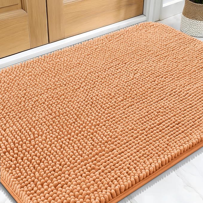 OLANLY Dog Door Mat for Muddy Paws 34x21, Absorbs Moisture and Dirt, Absorbent Non-Slip Washable Doormat, Quick Dry Chenille Mud Mat for Dogs, Entry Indoor Entryway Carpet for Inside Floor, Orange by OLANLY