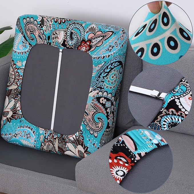 Fuloon Sofa Cushion Covers, Stretch Printed Seat Cushion Cover Couch Seat Slipcovers Washable Furniture Protector for Armchair Loveseat Sofa (Floral Turquoise, 3 PCS) - Image 3