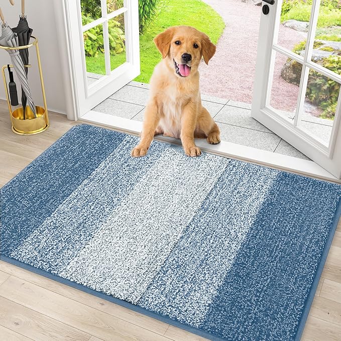 Smiry Dog Door Mat for Muddy Paws, Absorbs Moisture and Dirt, Low-Profile Entryway Mat with Non-Slip Backing, Entry Indoor Outdoor Doormat for Inside Floor (30x20 Inches, Light Blue, Striped) by Smiry