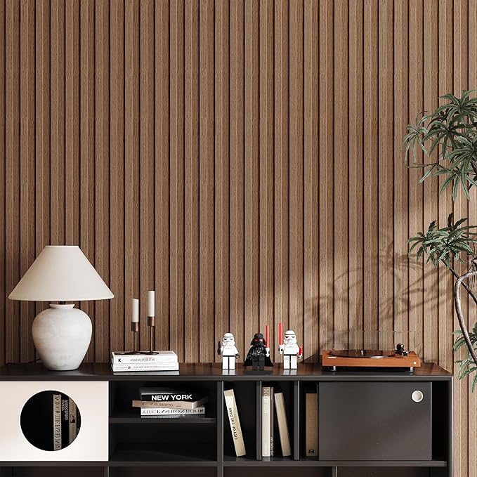 Peel and Stick PVC Slat Wall Panels, Wood Grain Self-Adhesive Soundproof Paneling, 3D Faux Wood Panels for Bedroom Bathroom Walls & Ceilings 118"x15.75"(Light Walnut,13Sq.ft) - Image 2