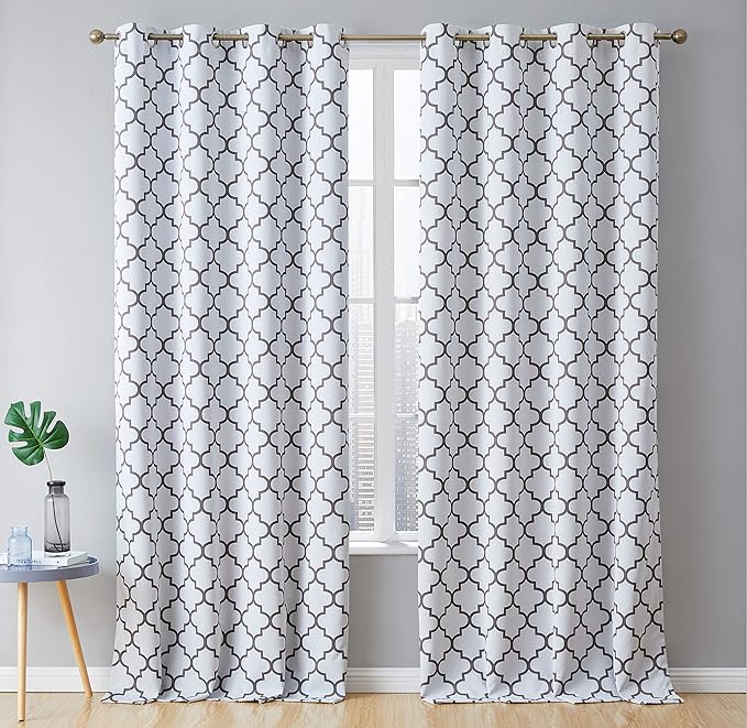 HLC.ME Lattice Print Decorative Blackout Thermal Insulated Privacy Room Darkening Grommet Long Window Drapes Curtain Panels for Bedroom and Office - Platinum White & Grey - 52 W x 96 L - Pair by HomeLinenCollections