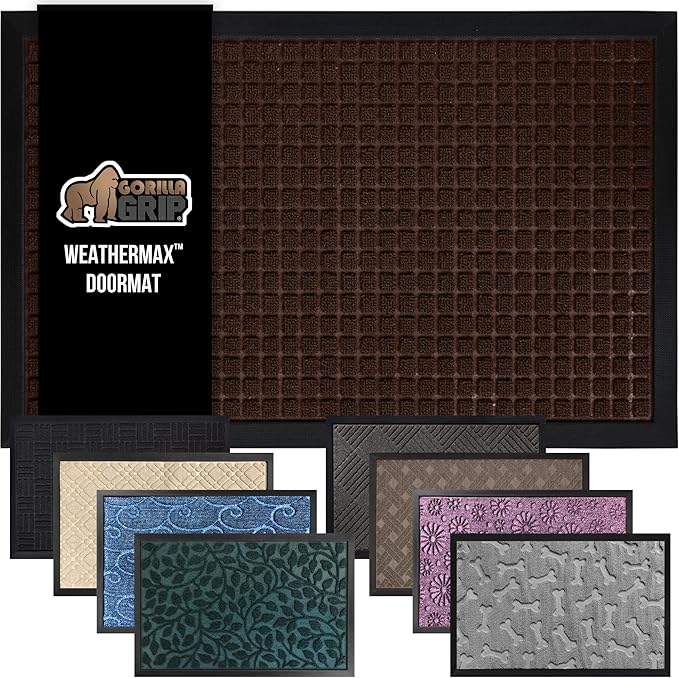 GORILLA GRIP 100% Waterproof All-Season WeatherMax Doormat, 34x58, US Designed Natural Rubber, Stain and Fade Resistant, Low Profile Indoor Outdoor Door Mats, Easy Clean Patio Mat, Coffee Squares by GorillaGrip