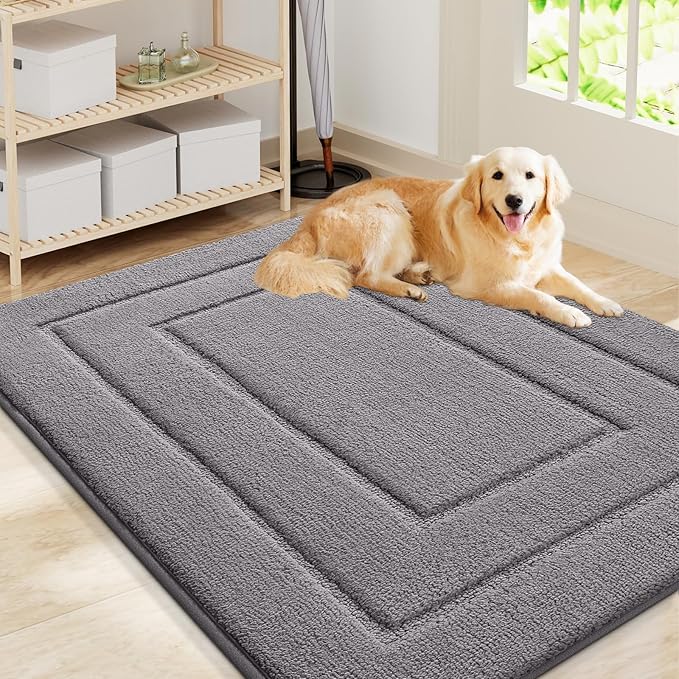 Smiry Dog Door Mat for Muddy Paws, Absorbs Moisture and Dirt, Low-Profile Entryway Mat with Non-Slip Backing, Entry Indoor Outdoor Doormat for Inside Floor (40x32 Inches, Grey, Bordered) by Smiry