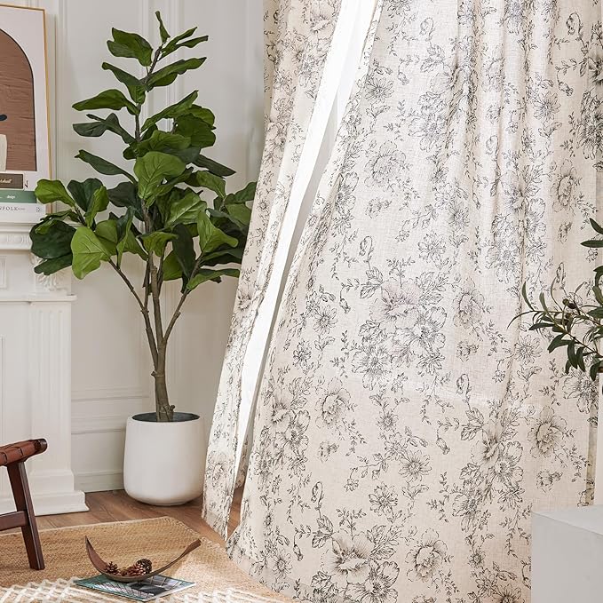 jinchan Linen Blend Curtain Floral Curtains for Living Room 54 Inch Length Black Printed Curtain Rod Pocket Back Tab Farmhouse Peony Flower Patterned Drapes Bedroom Window Curtains Set 2 Panels - Image 7