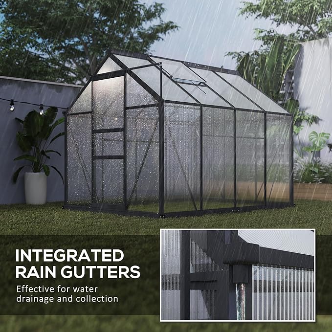 Outsunny 6' x 8' Greenhouse for Outdoors, Polycarbonate Greenhouse with Rain Gutter and Roof Vent, Aluminum Walk-in Green Houses for Outside for Patio Backyard Garden, Gray - Image 6