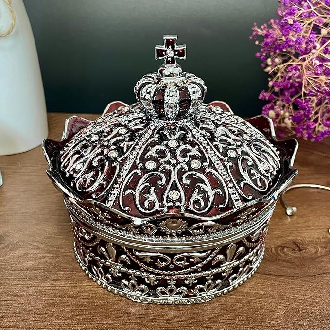 Crown Shape Jewelry Chest,Yurt Style Vintage Metal Gem Box,Round Alloy Retro Patterned Storage Case (Chrome Red, XL) - Image 2