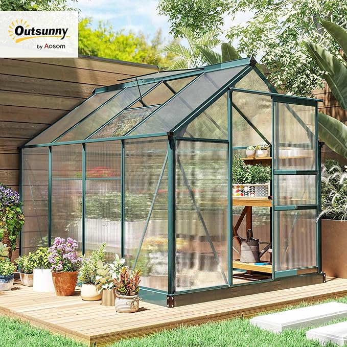 Outsunny 6' x 8' Greenhouse for Outdoors, Polycarbonate Greenhouse with Rain Gutter and Roof Vent, Aluminum Walk-in Green Houses for Outside for Patio Backyard Garden, Dark Green - Image 2