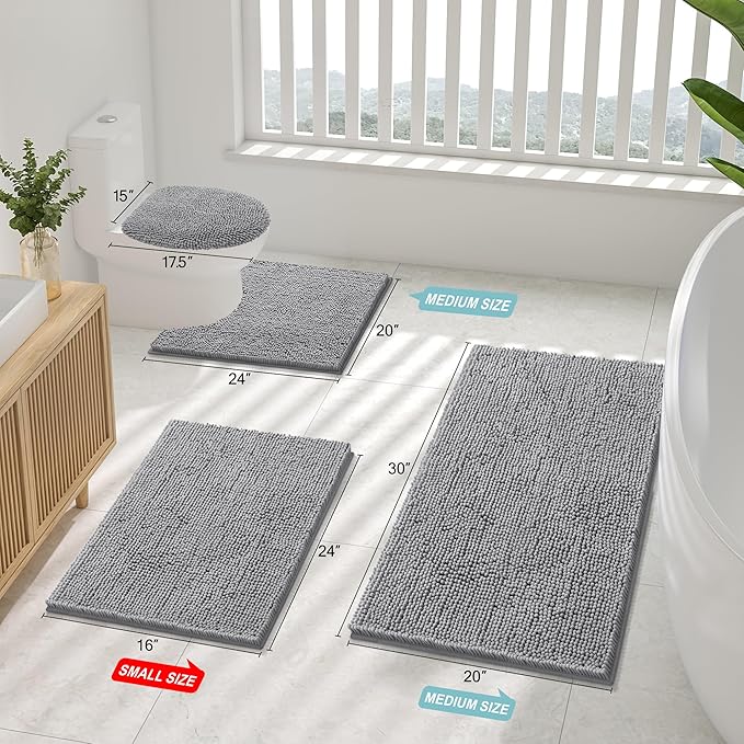 Smiry Luxury Chenille Toilet Rugs U-Shaped 24x20, Soft Absorbent Non-Slip Contour Bathroom Rugs for Toilet, Machine Washable Contoured Bath Mats, Grey - Image 2
