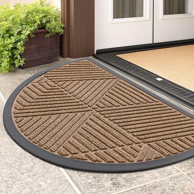 Smiry Half Circle Front Door Mat Outside Entrance, Heavy Duty Sturdy Natural Rubber Doormat, Trap Dirt and Moisture, Low Profile Mats for Indoor Outdoor Entry, Irregular Triangle (29.5x17, Coffee) by Smiry
