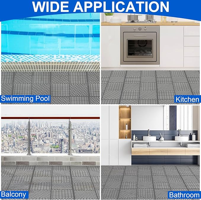 MYFAMIREA Modular Interlocking Cushion 12 Pack 11.8" x 11.8" Rubber Floor Tiles Non-Slip Splicing Drainage Mats for Deck, Pool, Shower, Patio, Balcony, Bathroom, Kitchen, Yard (1 Rows Dots, Dark Gray) - Image 7