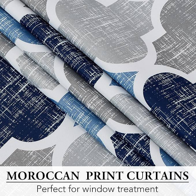 Beauoop 100% Blackout Curtains 108 Inches Long 2 Panels for Bedroom Living Room Blue Grey Moroccan Geo Room Darkening Thermal Insulated Soundproof Grommet Top Window Treatments Drapes, 50x108 Set of 2 - Image 4