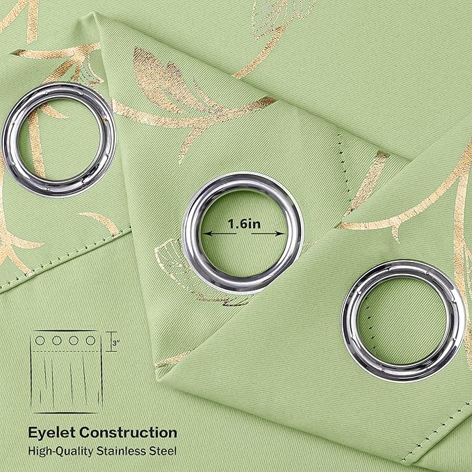 BUHUA Blackout Curtains Gold Foil Print Flower Vine Grommet Drapes, Room Darkening Thermal Insulated Curtains, Noise Reducing Curtain for Bedroom, Grass Green, 52Wx63L, 2 Panels - Image 6