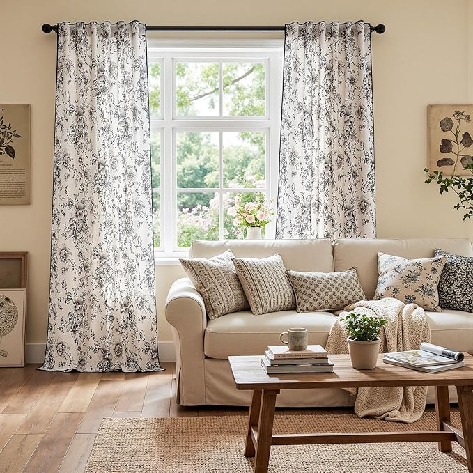 JINCHAN Linen Blend Floral Curtains French Country Curtain for Living Room 96 Inch Length Black Printed Curtain Rod Pocket Back Tab Farmhouse Peony Flower Patterned Drapes Window Curtains Set 2 Panels - Image 3