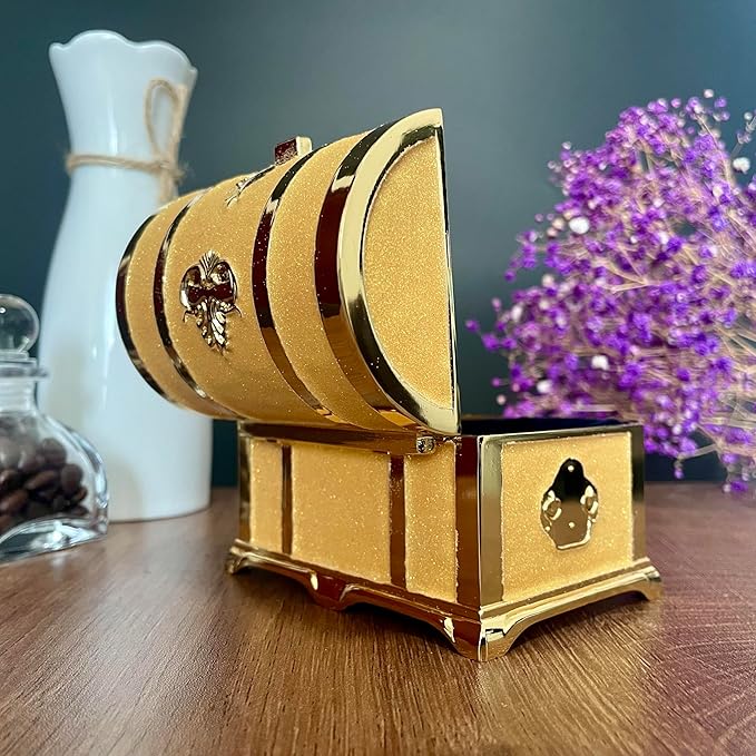 Retro Jewelry Box Arched Vintage Rectangular Metal Chest Necklace Ring Earrings Storage Case for Women Girls (Golden Starlight Yellow, M) - Image 5