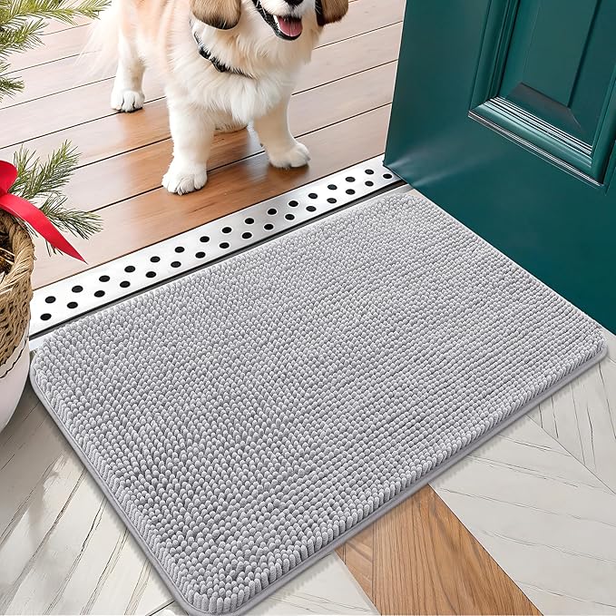 OLANLY Dog Door Mat for Muddy Paws 30x17, Absorbs Moisture and Dirt, Absorbent Non-Slip Washable Doormat, Quick Dry Chenille Mud Mat for Dogs, Entry Indoor Entryway Carpet for Inside Floor, Light Grey by OLANLY