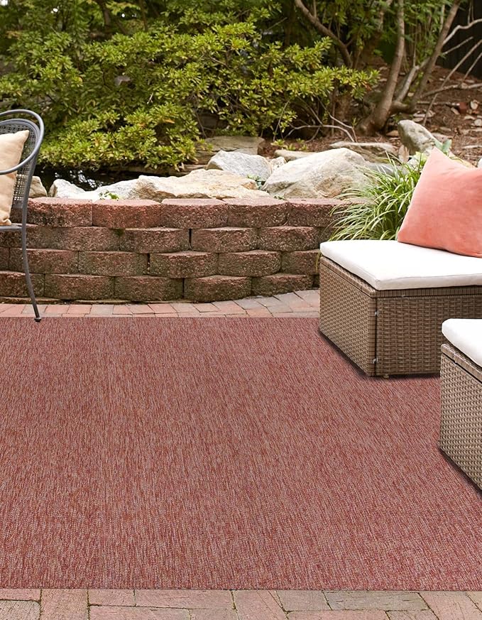 Unique Loom Collection Casual Transitional Solid Heathered Indoor/Outdoor Flatweave Area Rug (10' 8" Square, Rust Red/Beige) - Image 3