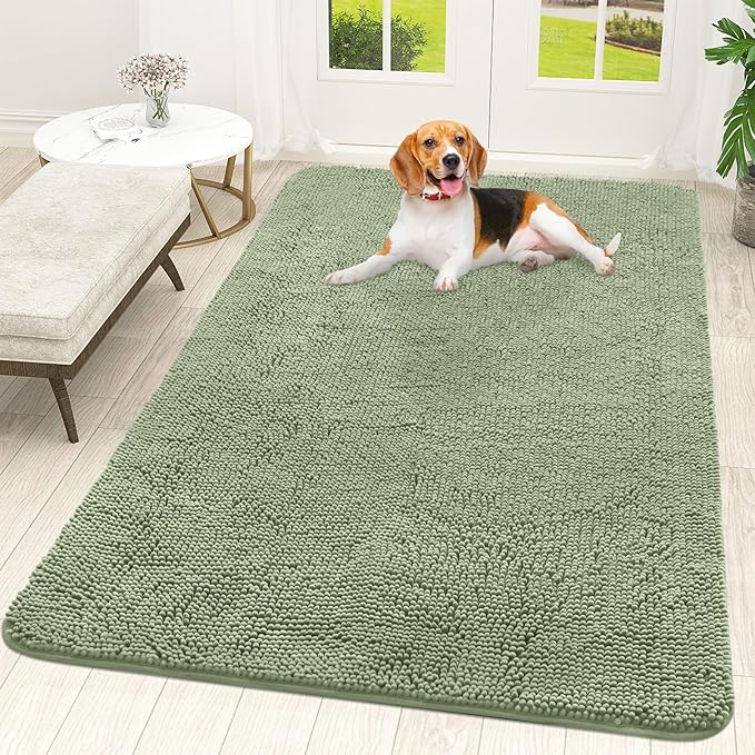 OLANLY Dog Door Mat for Muddy Paws 59x35, Absorbs Moisture and Dirt, Absorbent Non-Slip Washable Doormat, Quick Dry Chenille Mud Mat for Dogs, Entry Indoor Entryway Carpet for Inside Floor, Sage Green by OLANLY
