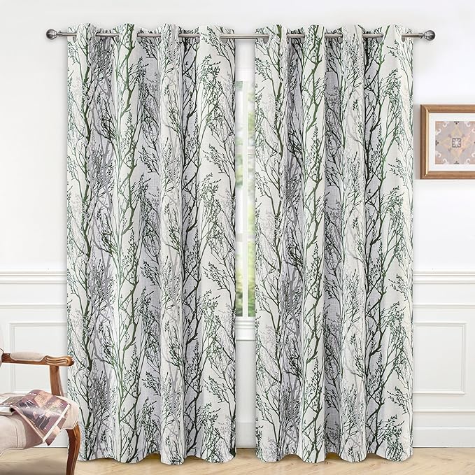 DriftAway Linen Printed Blackout Curtains Tree Branch Pattern Double Layer 90 Inches Long for Bedroom Thermal Insulated Summer Sound Lined Grommet Drapes for Living Room 2 Panels Loden Green/Linen by DriftAway